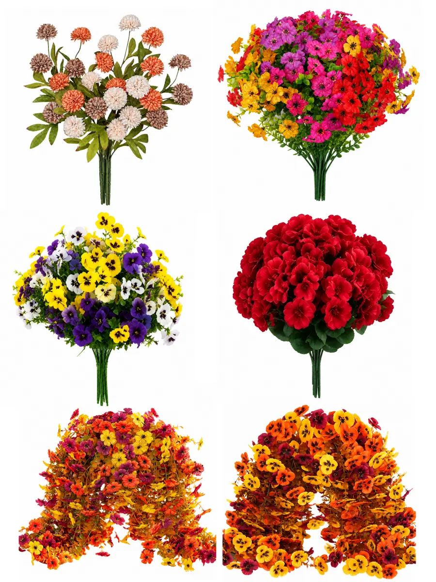 DIY UV Resistant Outdoor Artificial Daisy,Pansy,Geranium,Ball Chrysanthemum,Vine VibrantFade Proof Fake Flowers for Garden Balcony No Maintenance Long Lasting home garden partywedding decor faux floral arrangement daisyflower waterproof room decorations