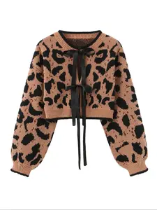 Cute Fall Fashion Y2K Leopard Bow Tie Cardigan, Loose-Fitting Long Sleeve, Stylish Animal Print Outerwear for Women