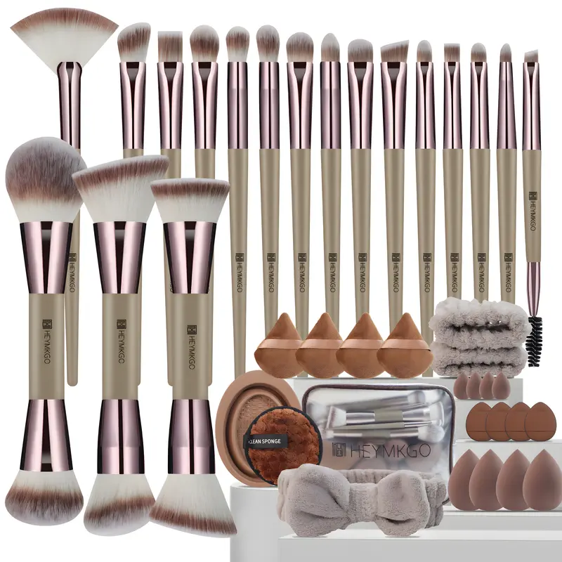 HHEYMKGO 40pcs Flawless Dual-Ended Nylon Bristle Cosmetic Brush Gift Set - 400g Daily Use Essential for Makeup Lovers, with Sponge, Puff, Headband, Cleaning Bowl, Portable Box for Foundation, Concealer (Champagne)