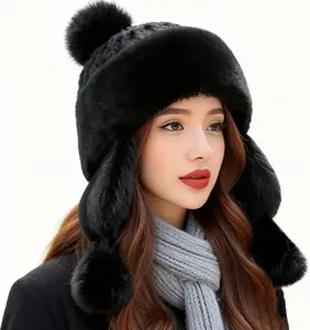 Women Faux Fur Trapper Hat Winter Warm Furry Russian Trooper Hat with Ear Flaps Windproof Ushanka Beanie Cap for Outdoor Ski