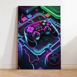 Neon Gaming Room Canvas Wall Art - Futuristic Circuit Board Controller Poster, Cyberpunk Gamer Den Decor with Optional Wood Frame, Gift for Streamers & Teens