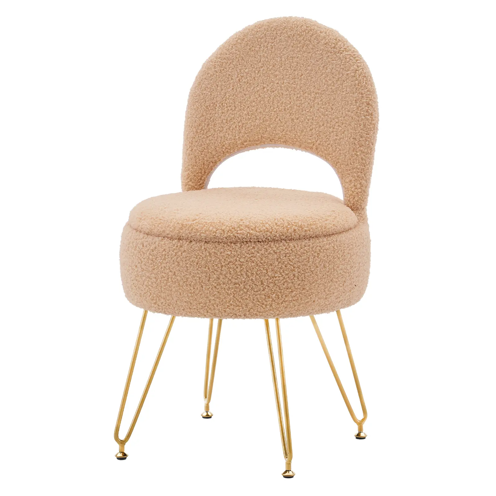 Teddy Fleece Accent Chair with Hidden Storage, Hollow Backrest & Gold Metal Legs, Multifunctional Vanity Makeup Stool Footrest for Bedroom (B&Y), Accent Chairs