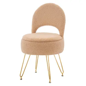 Teddy Fleece Vanity Chair with Hidden Storage, Multifunctional Accent with Hollow Backrest & Gold Metal Legs, Makeup Stool Footrest for Bedroom Living Room (B&Y))