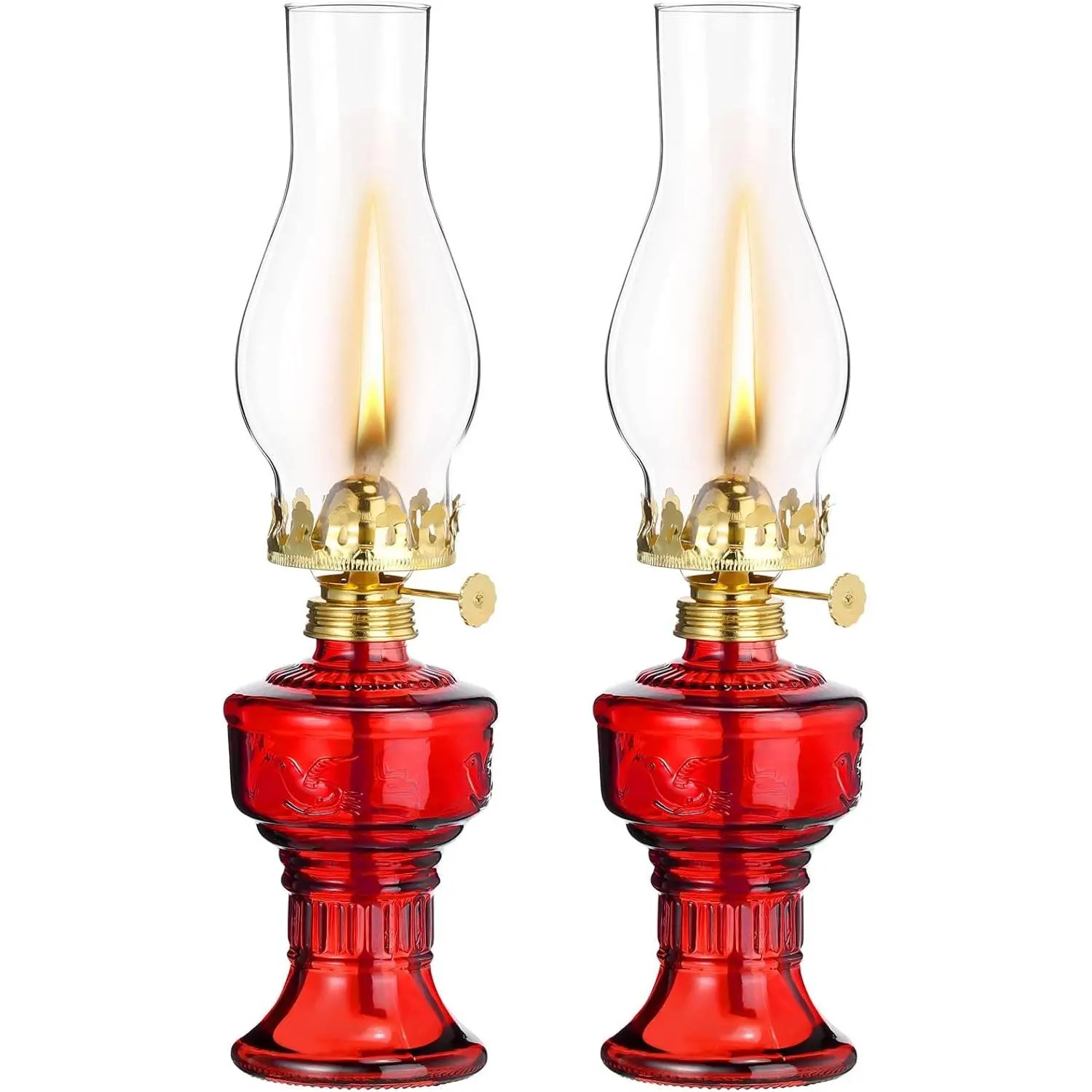 2 Pcs Chamber Oil Lamps for Indoor Use Vintage Kerosene Lamp Rustic Hurricane Kerosene Lantern with Adjustable Fire Wick Lighting Oil Lantern for Home Emergency Lighting, 13'' High(Red)