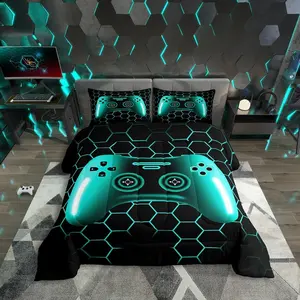 Feelyou Teal & Black Geometric Duvet Set - Gaming Themed Bedding, Multi-Size Travel-Friendly Bedroom Gaming Bedding with Gamepad Print, Game Console Design