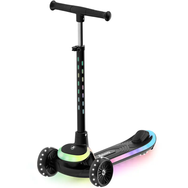 Outdoorfun Rahmory Black 3-Wheel Light-Up Kids Scooter, 20 Different Light Patterns,Three Adjustable Heights,Lean to Steer, Balance Scooter for Ages 3-8