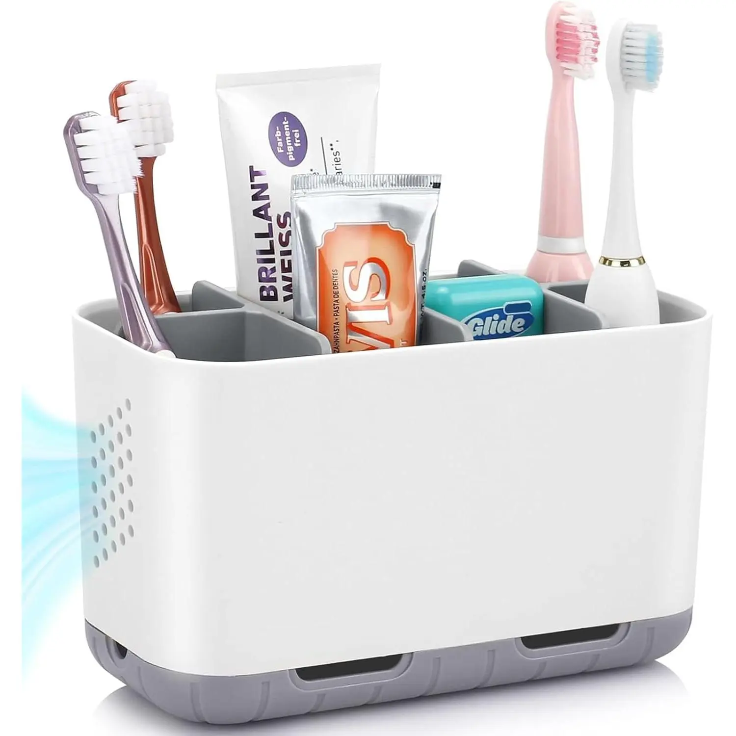 Modern Brushed Plastic Rustic Bathroom Toothbrush and Toothpaste Holder Set - Non-Slip Multi-Slot Organizer with Drainage, Adjustable Dividers, 6 Sections, 7.4*4.72*3.5in Large Capacity Caddy for Adults, Kids, Breathable Desk Use
