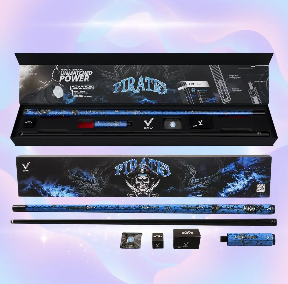 EVO Pirates Maxbing Edition – Sea Wrath Cue | Glassfiber Precision, Carbon Backbone, 12.5 mm EVO Tip, Wrapless Grip, Complete Player Kit