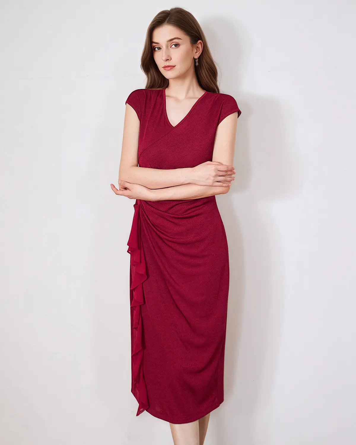 best shein midi dresses SHEIN Clasi Ruffle Trim Ruched Waist Midi Dress For Summer Maxi Women  Outfit
