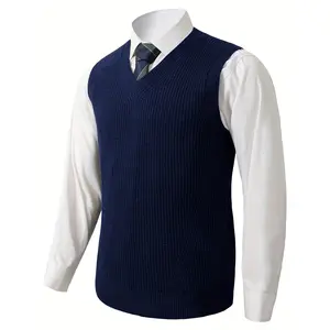 Men'S V-Neck Warm Vest in Solid Color, Sleeveless Pullover Knit Top, Loose-Fitting Sweater.