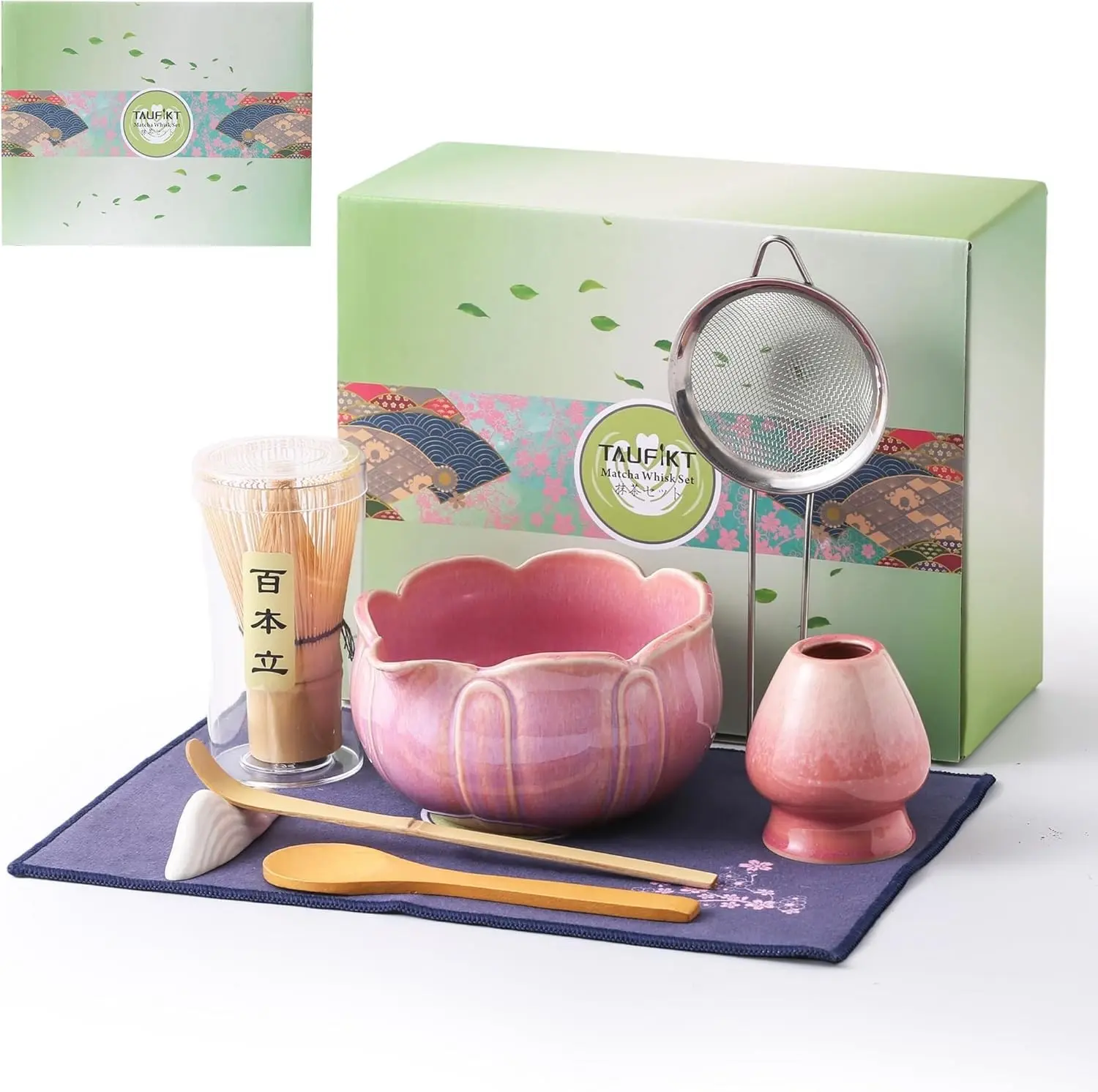 Matcha Whisk Set, Ceramic Matcha Set 8 Pcs, Matcha Kit Set Includes Matcha Bowl, Matcha Whisk and Holder, Bamboo Scoop and Rest, Sifter and Tea Towel, Ideal Gift for Family/Friend (Pink)