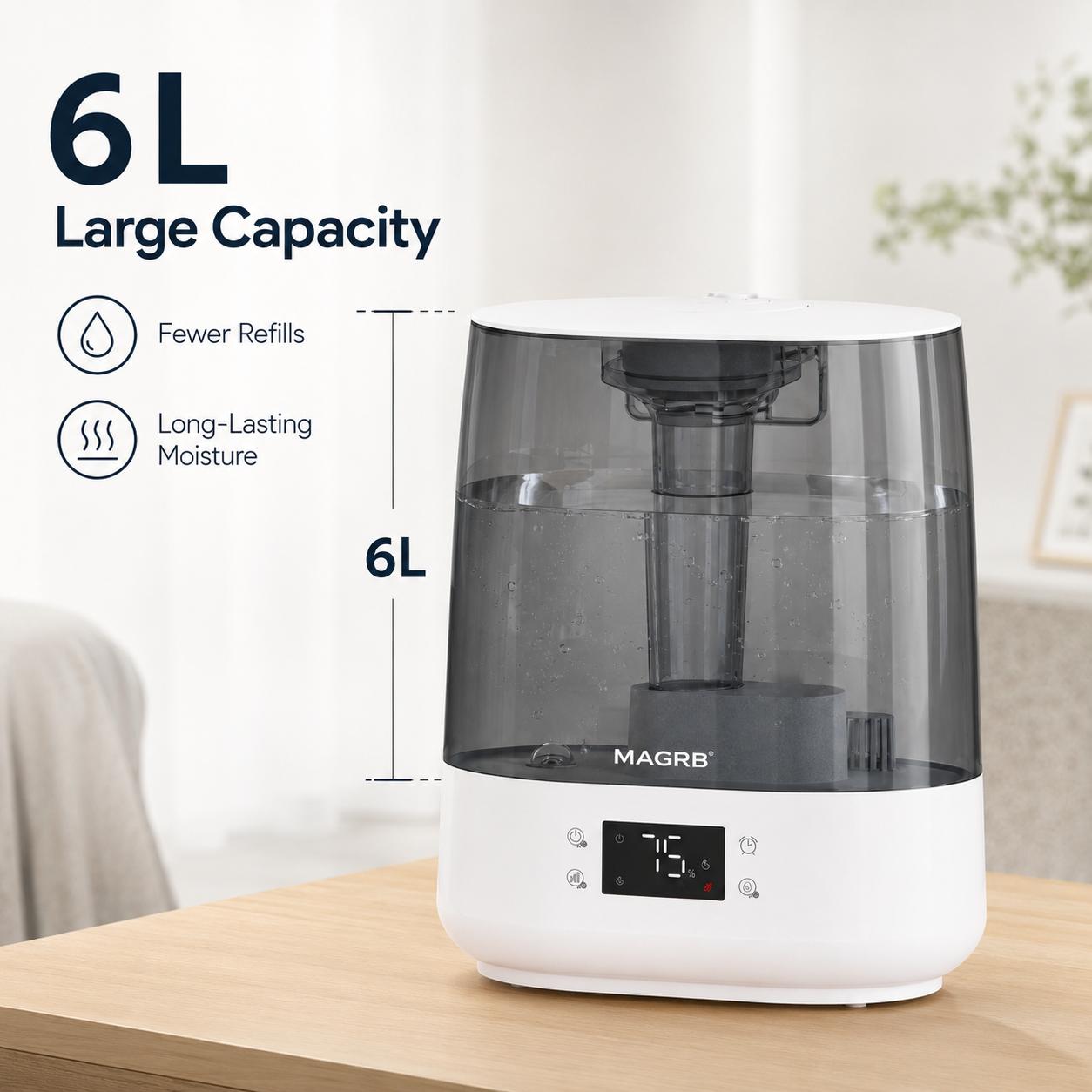 【DealsForYouDays】MAGRB 6L Smart Humidifier for Bedroom and Large Room, APP Remote Control Cool Mist Humidifier with Auto Humidity Control, 1-24H Timer, 3 Mist Levels, Sleep Mode, Top Refill Design, Visible Water Tank, Aroma Pads Included 【DealsForYouDays】MAGRB 6L Smart Humidifier for Bedroom and Large Room, APP Remote Control Cool Mist Humidifier with Auto Humidity Control, 1-24H Timer, 3 Mist Levels, Sleep Mode, Top Refill Design, Visible Water Tank, Aroma Pads Included