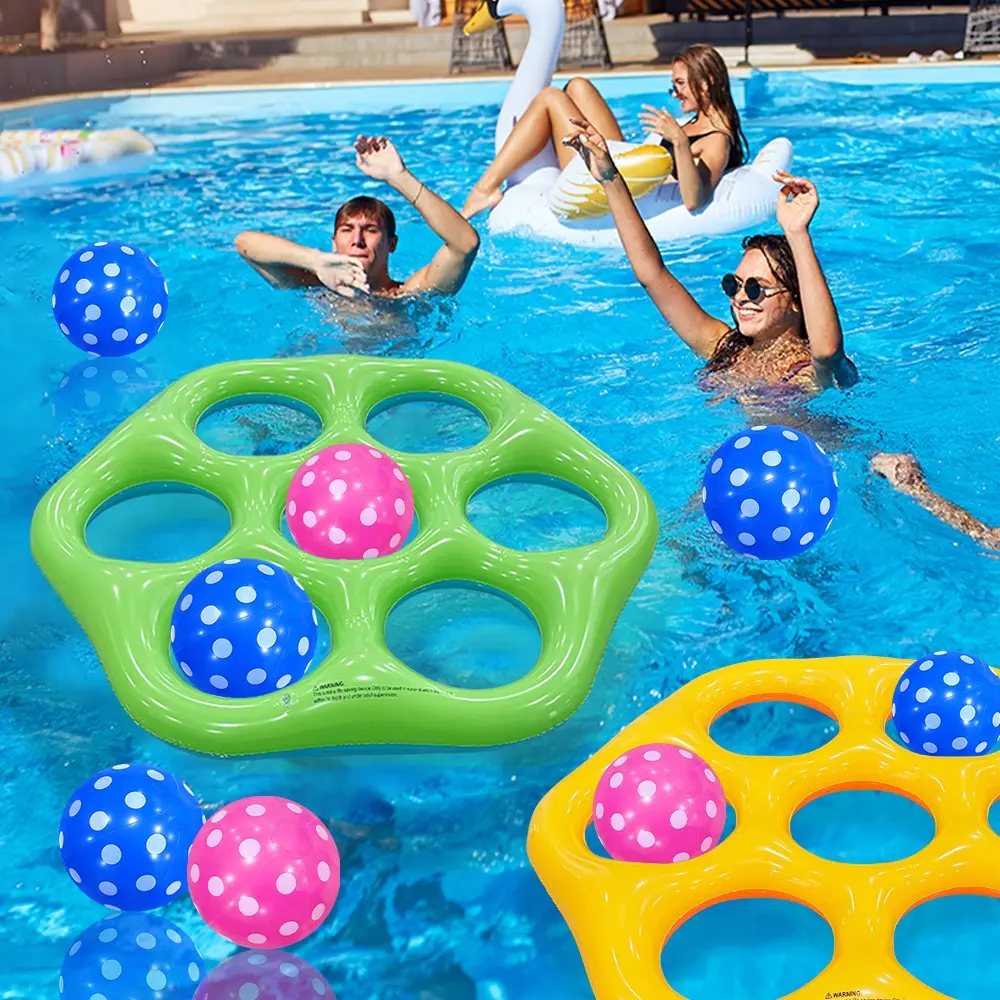 Hexagonal Shape Inflatable Beach Pool Toy Throwing Game Play Set, Includes One Hexagon + 7 Colorful Balls, Water Toys for Pool, Beach, Outdoor Games & Parties, Fun Interaction, Water Activities, Summer Fun