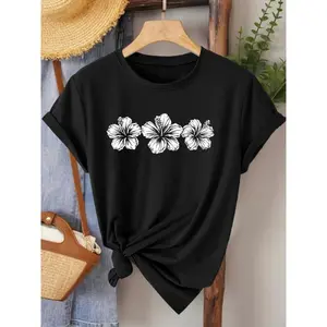 White Hibiscus Flower Graphic Tee Women Casual Black Short Sleeve Crewneck Soft Stretch Top Trendy Summer Vacation Beach Outfit