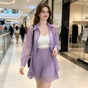 Women's Ice Silk Chiffon Sun Protection Shirt, Thin Long Sleeve Casual Blouse, Fashion Loose Outerwear for Spring Summer Autumn trendy