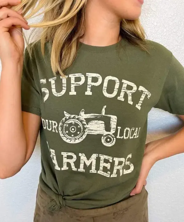 Support Your Local Farmers Vintage Distressed Tractor Arch Text Print Women's Olive Green Casual Short Sleeve Western Farm Country Graphic T-Shirt