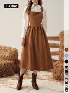 women's solid ribbed overalls dress, casual sleeveless square neck a line dress for spring & fall, women's clothing for daily wear