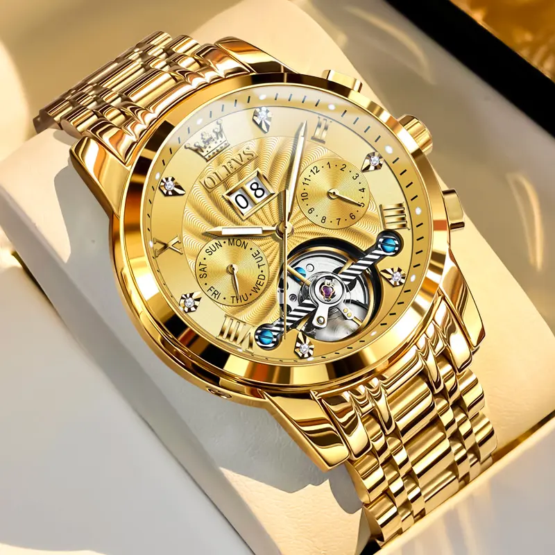 OLEVS Men's Luxury Automatic Skeleton Watch, Gold Tone Stainless Steel Dress Wristwatch with Luminous Day Date and Month Calendar 9910, Gold Watch, Round Dial Watch