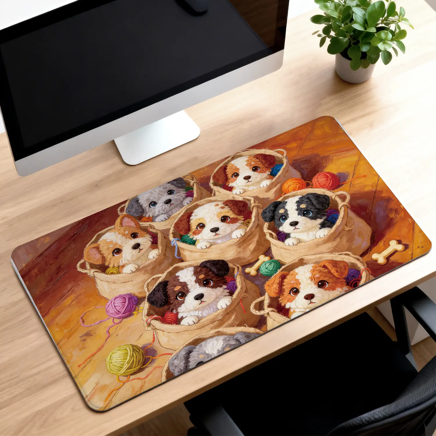 Custom Graphic Gaming Mouse Pad - 40x80cm Cartoon Cute Puppies in Baskets with Colorful Yarn, Unisex Rectangular, High-Quality Non-Slip Rubber Base, Stitched Edges, Durable Office Computer Desk Mat
