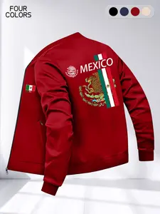 Men's High-End Comfortable Soft Material Long Sleeve Jacket, Street Fashion Mexican Style Print, Casual Zip Design, Dual Pockets Outerwear