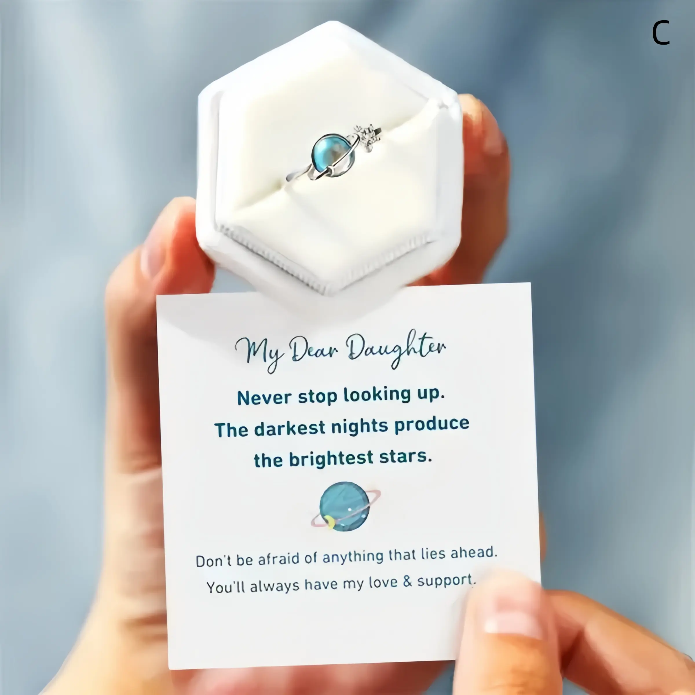 To My Daughter Star & Moon Rotatable Fidget Ring, Stress Relief with Blue Stone & Silver Star Design, Unisex Gift (No Ring Box)