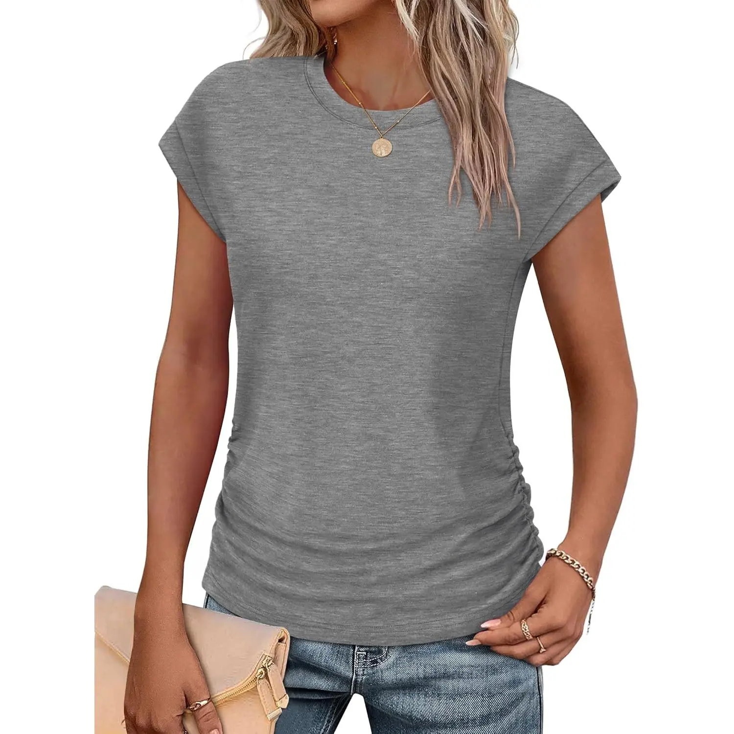 Women's Large Loose-Fitting Crew Neck Cap Sleeve Summer Basic Top with Side Shirring, Minimalist Streetwear Casual Top