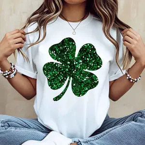 Shamrock Glitter Print T Shirt Crew Neck Casual St Patrick Day Celebration Wear
