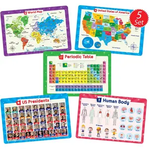 5 Placemats for Kids-Non Slip, Washable Reusable Children Placemat, Educational Placemats: USA and World Maps, Periodic Table, US Presidents, Plastic Place Mats for Kids