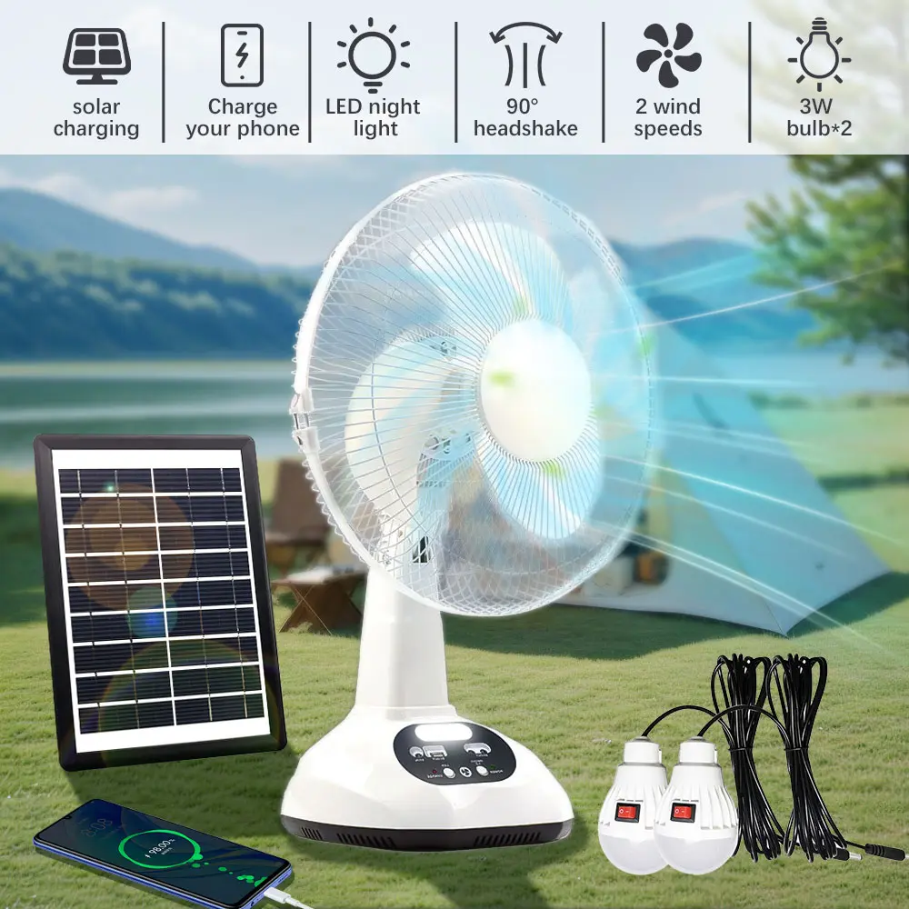 Rechargeable Table Fan with LED Bulbs & Solar Panel,USB Charging,  6V 4500mAh Battery, 18W DC Motor, Wide-Angle Airflow, Portable Solar Fan Kit for Indoor & Outdoor Use