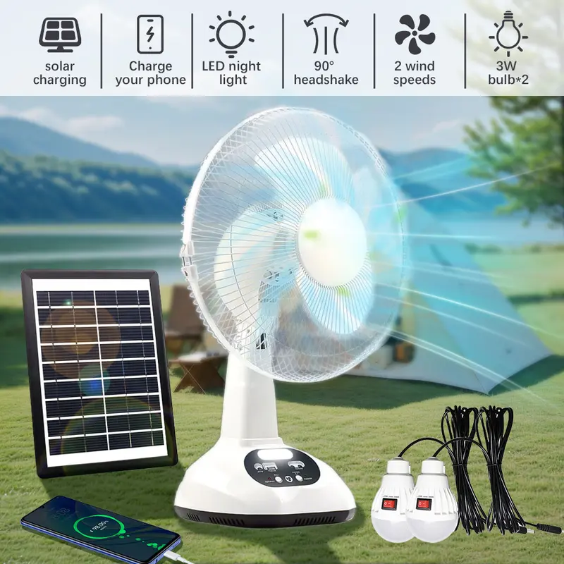 Solar Powered Oscillating Table Fan, Solar Panel + LED Light Bulbs Included, Rechargeable Portable Fan Kit for Camping & Hurricane Prep, Black Friday Gift for Family