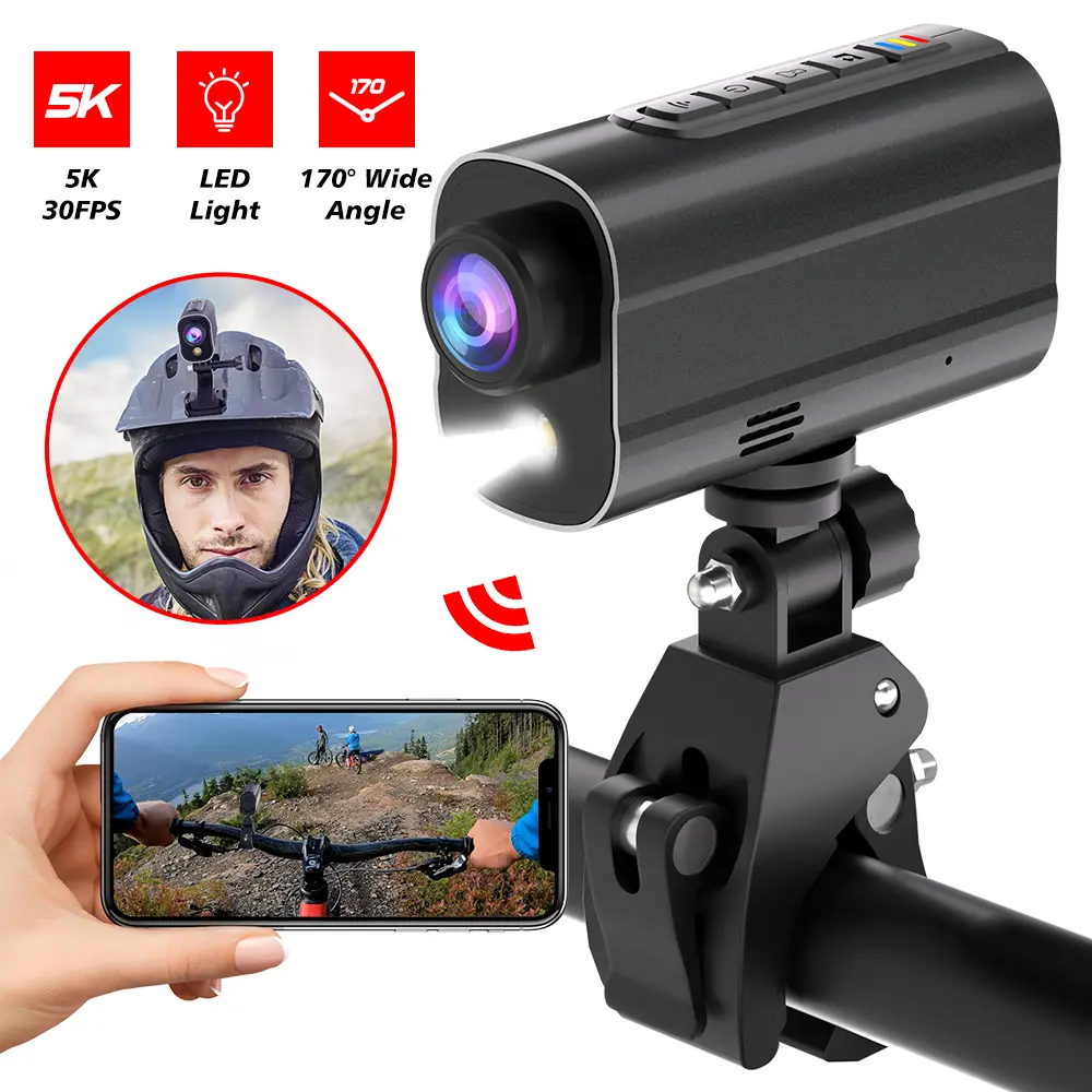 5K 30FPS Bicycle Action Camera, 170° Wide Angle with LED Light, WiFi & 6-Axis Gyro Stabilization for Cycling