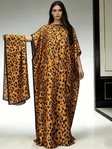 1dress+1scarf Rust Orange Leopard Print Satin Kaftan Dress Women Oversized Beach Cover Up Robe Loose Muslim Abaya Vacation Casual Maxi Nightgown Modest Clothes