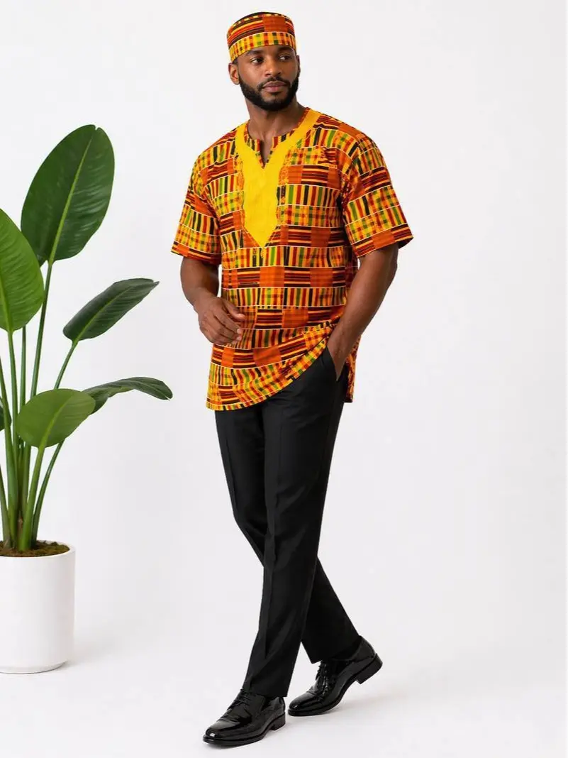 Men's Traditional African Ankara Print Top - Short Sleeve in Sunset Stripe with Gold Embroidered V-Neck Dashiki Shirt Only - Traditional Outfit for Weddings & Cultural Events, Golden, Menswear, Festive, Outfits, Embroidery, Classic, Multicolor, Stripes, W