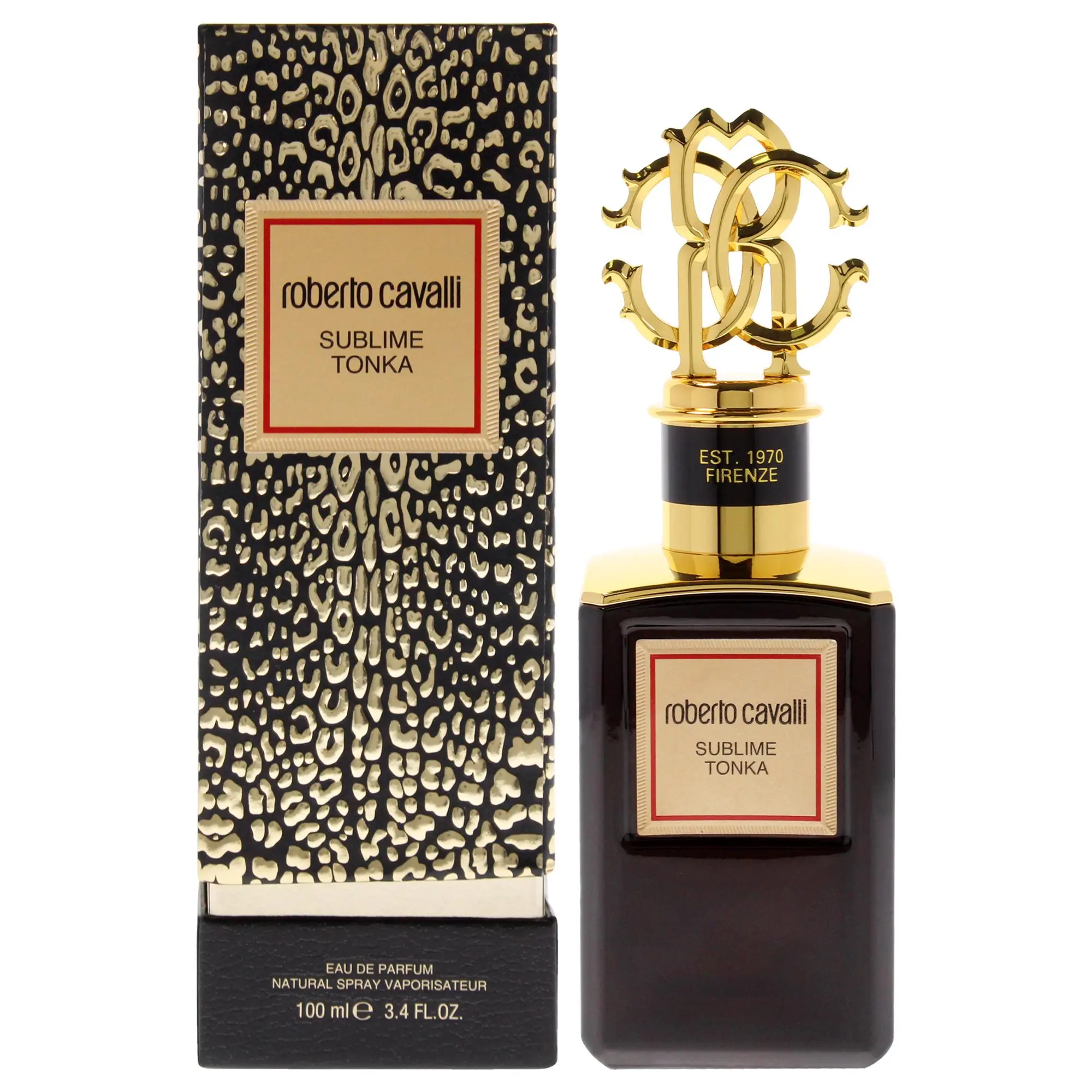 Roberto Cavalli Gold Collection Sublime Tonka Luxury Appeal Men's Fragrance - 3.4 oz, 100ml EDP Spray with Leopard Print Spray Atomizer