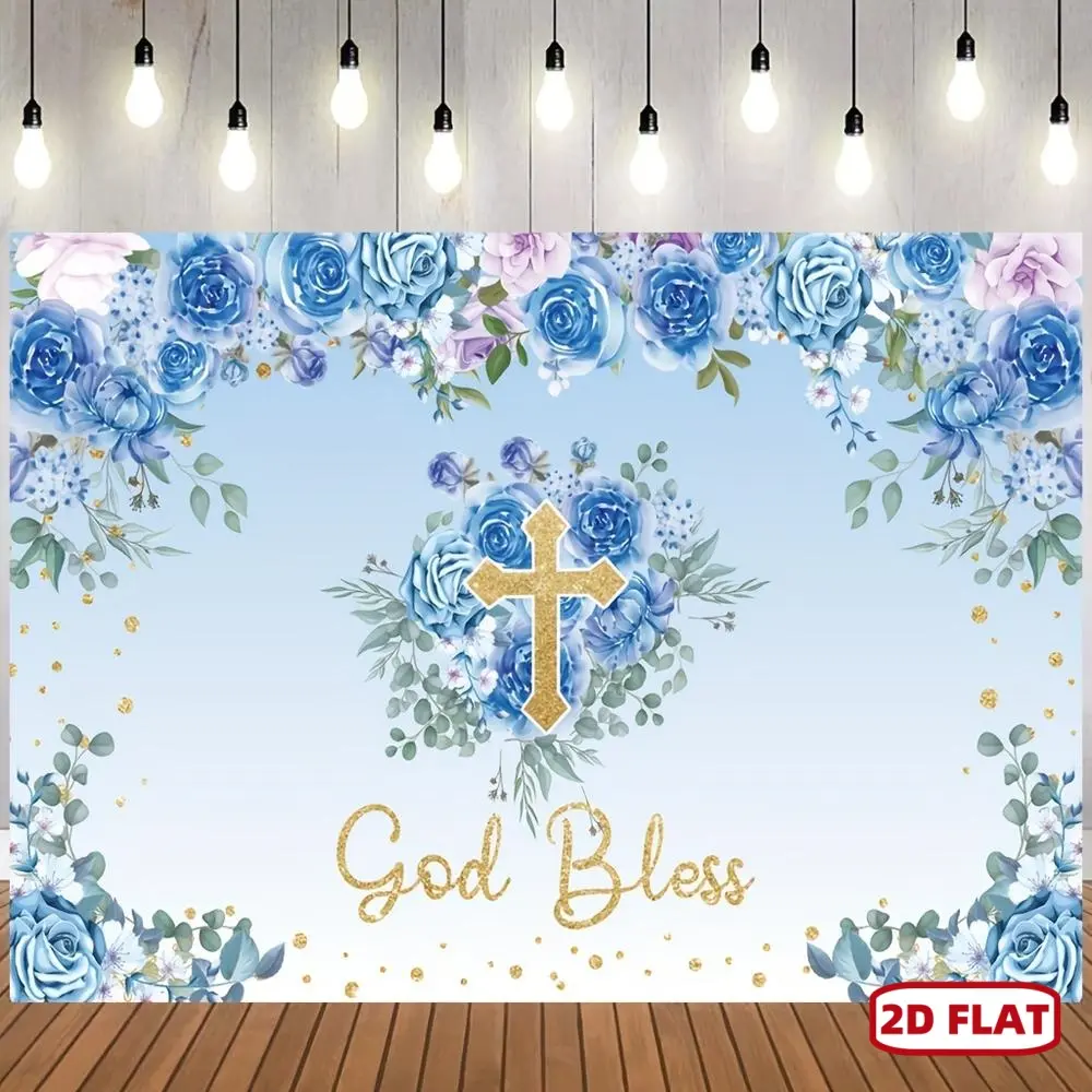 1pc 2D Flat Dienalls God Bless Baptism Backdrop – Elegant Blue Floral Design with Golden Accents, Perfect for First Holy Communion, Christening, Youngsters Shower,  Booth Props, and Party Decorations, Baptism Banners Flower