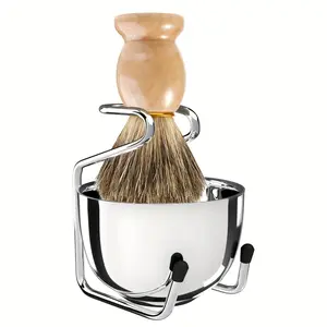 Shaving Brush, 3 In 1 Shaving Brush Set Includes Stainless Steel Shaving Stand and Bowl, Synthetic Badger Hair Shave Brush for Men's Shave Gift
