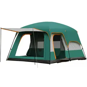 12 People 3 Doors 3 Windows" M64 Double Layer Camping Tent, 2 Rooms 1 Living Room, Can Accommodate 4 Families.