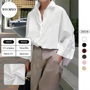 UOOZEE long sleeved loose solid color shirt, lapel bat sleeve mid length top, versatile women's top for all seasons