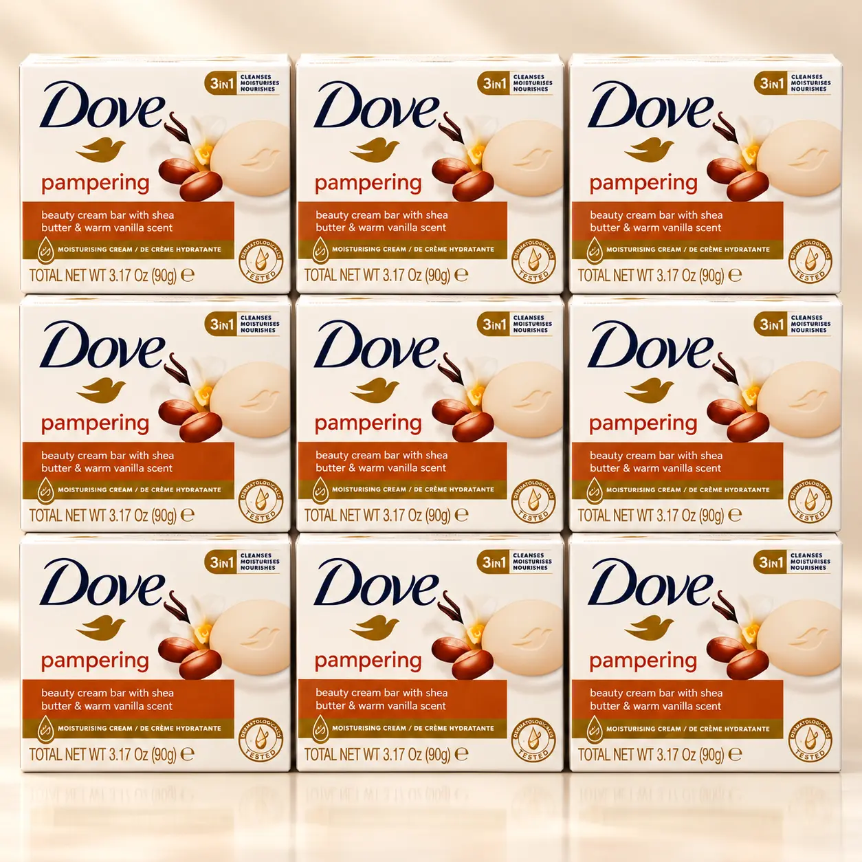 Dove Pampering Beauty Cream Bar (3.17 oz / 90 g) Shea Butter & Warm Vanilla Scent - Moisturizing Cleansing Nourishing Skin Care Hydrating Body Wash Bar Soap