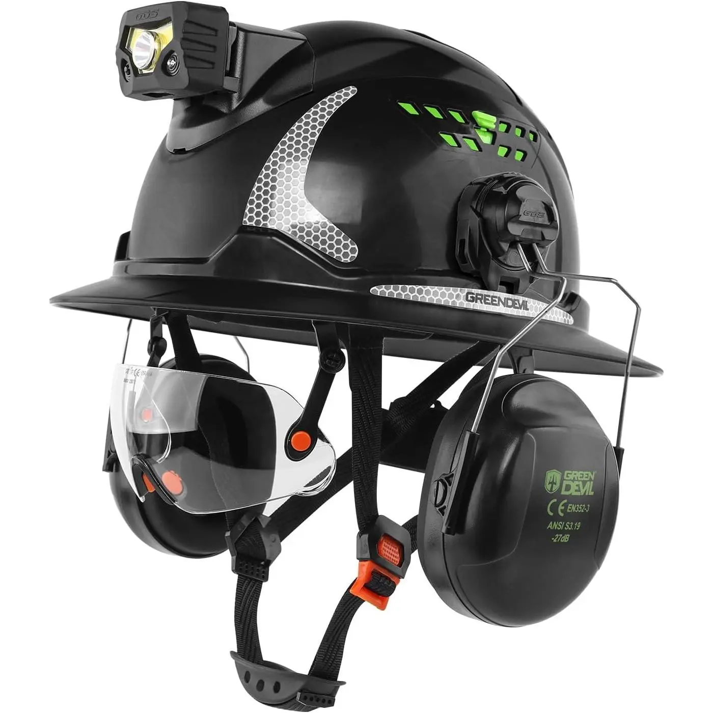 Adjustable Vented Full Brim Hard Hat - 4-in-1 Lightweight Sports & Outdoor Protective Gear with Integrated Visor, Flashlight, Ear Protectors, Earmuffs for Men, Eardefenders