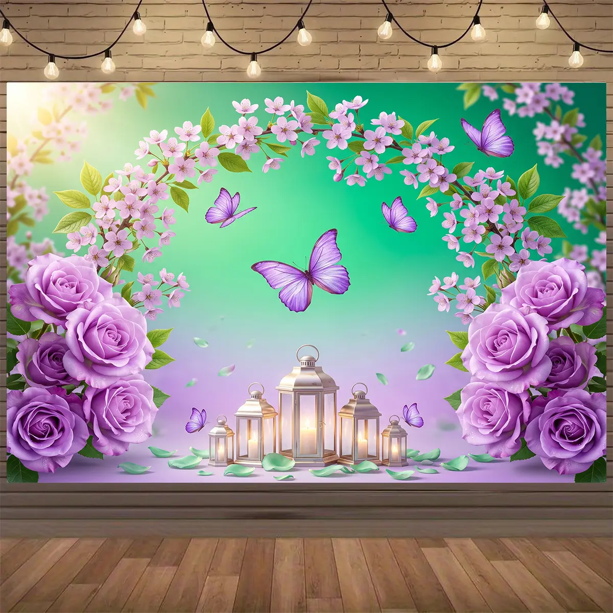 Lightweight 1-Piece Polyester Hanging Kit Backdrop, Purple Floral Print Butterfly-Pattern Romantic Elegant Wall Covering for Photography Birthday Party Decor, Festive Banner, One-Piece, Party-Ready