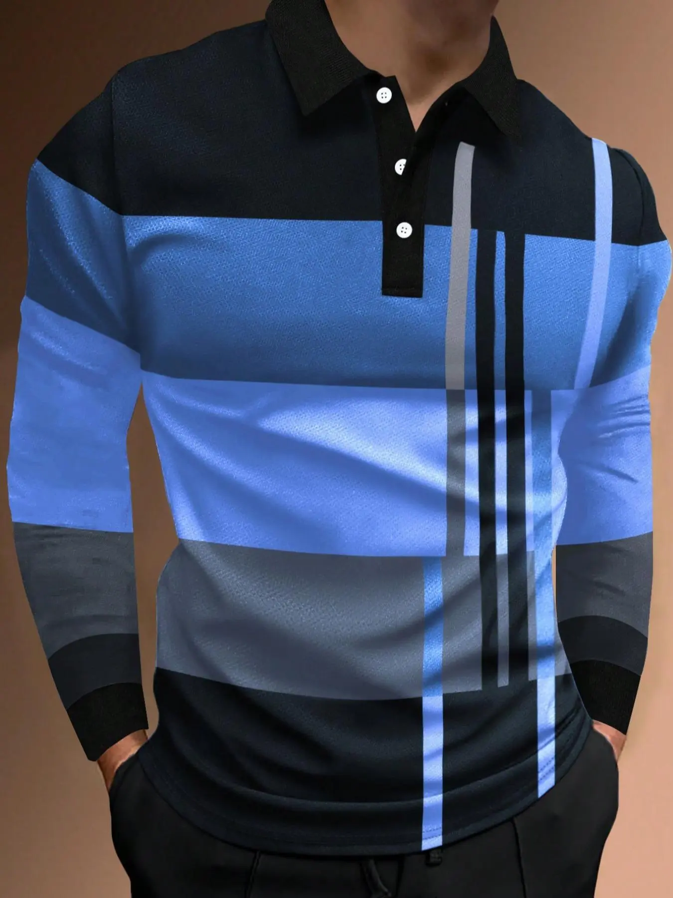 Men's Colorblock Print Half Button Polo Shirt, Knitted Shirt, Regular Fit Casual Street Style Long Sleeve Collared Top, Longsleeves Menswear for Daily Wear, Buttoned Polo Shirt, Collared Polo Shirts