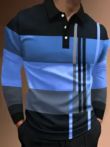 Men's Colorblock Print Half Button Polo Shirt, Regular Fit Casual Long Sleeve Collared Top, Longsleeves Menswear for Daily Wear