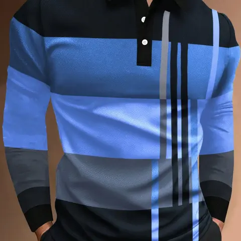 Men's Colorblock Print Half Button Polo Shirt, Knitted Shirt, Regular Fit Casual Street Style Long Sleeve Collared Top, Longsleeves Menswear for Daily Wear, Buttoned Polo Shirt, Collared Polo Shirts