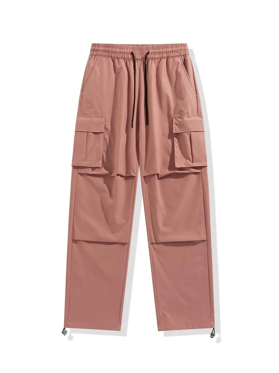 Men's Blush Pink Street Utility Cargo Pants - Multi-Pocket, Adjustable Drawstring Waist, Dual-Mode Wide Leg/Cuffed Jogger, Wrinkle-Free Light Travel Trousers