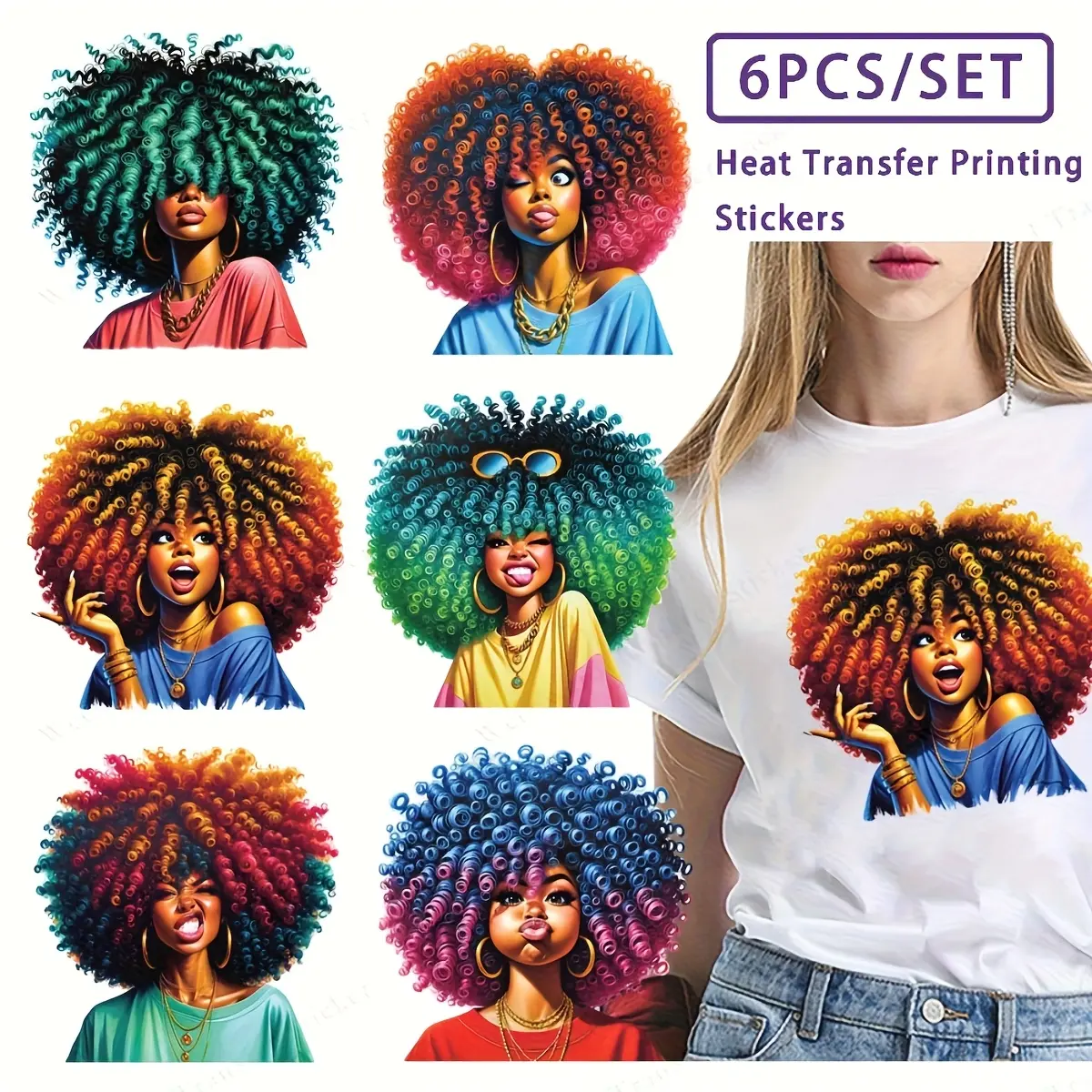 6pcs/Set Fashion Girl Pattern Iron-On Patches, DIY Craft Decor Washable Heat Transfer Printing Stickers, DIY Crafts Supplies, Suitable for T-Shirts, Bags, Pillows Decorations