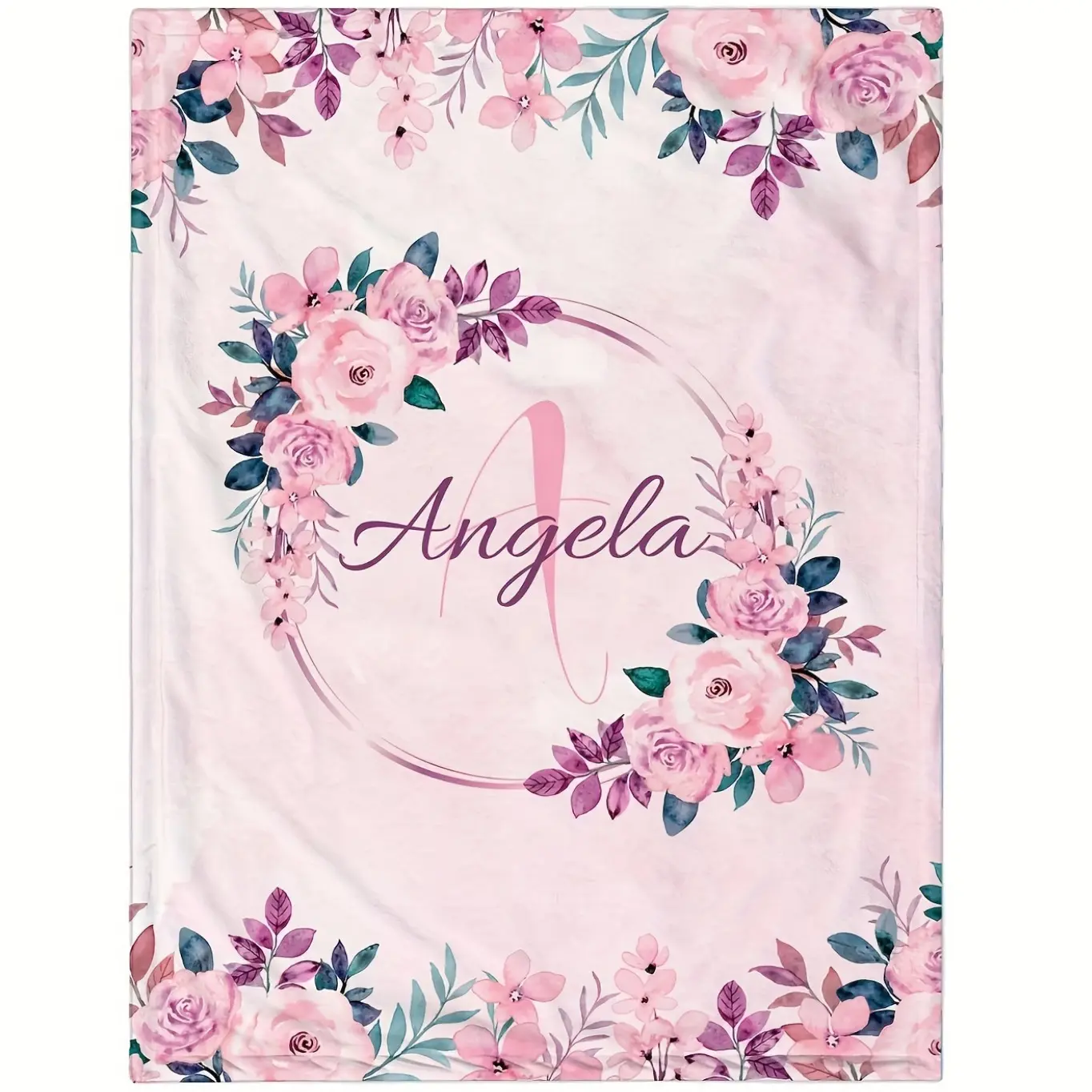 1pc Creative Pink Floral Custom Name Blanket, a Gift for Friends and Family, Lightweight Flannel for Sofa, Bed, Travel, Camping, Living Room, Office, Chair - Digitally Printed Blanket with Soft and Warm Flannel