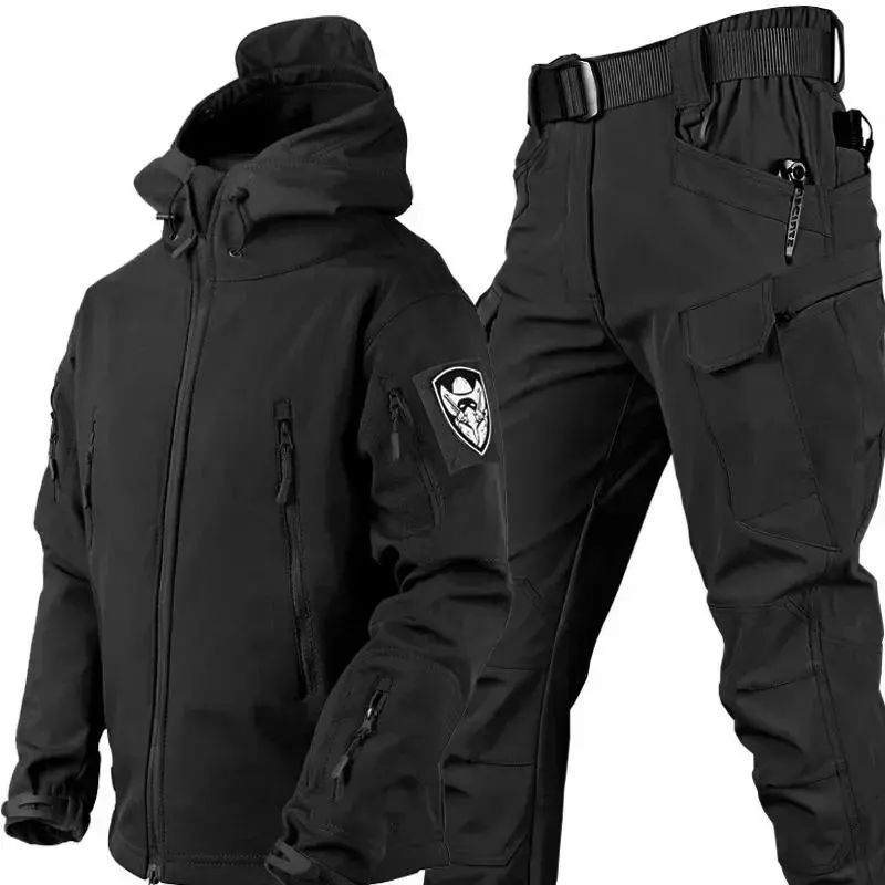 Winter Thicked Men Camo Suit Waterproof Tactical Set Multi-pocket Hooded Jacket Fleece Pants Outdoor 2-piece