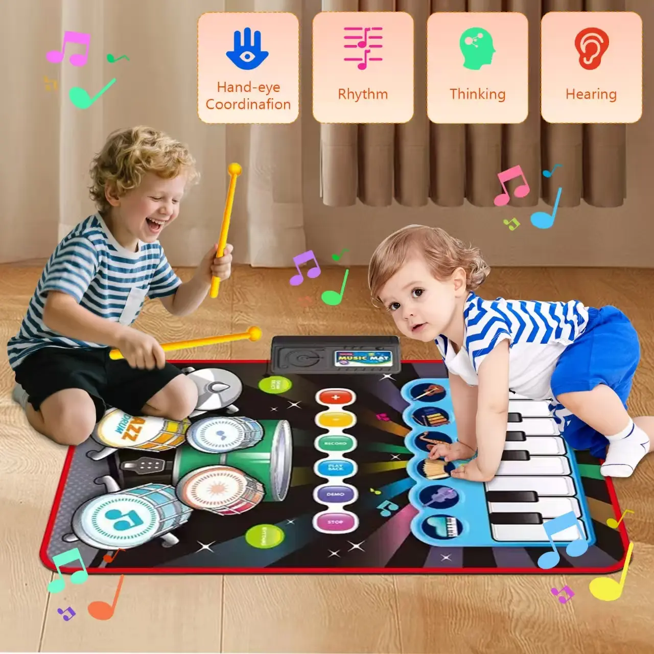 2-in-1 Musical Mat for 1-5 Year Olds, Piano Keyboard & Drum Set with 2 Drumsticks, Safe Non-Toxic Durable Early Education Toy, Gift for Hand-Eye Coordination & Rhythm Development (For Boys & Girls)