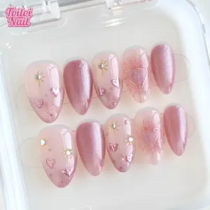 10pcs Handmade Peach Mist Gummy Press-On Nails, Glittering Fake Nails, Short Almond Shape, Pink Tone Heart Rhinestone & Gold Accent Design, Shiny Glitter Base, Reusable DIY Nail Kit for Women, Perfect for Date Night, Party & Daily Wear, Glossy Finish